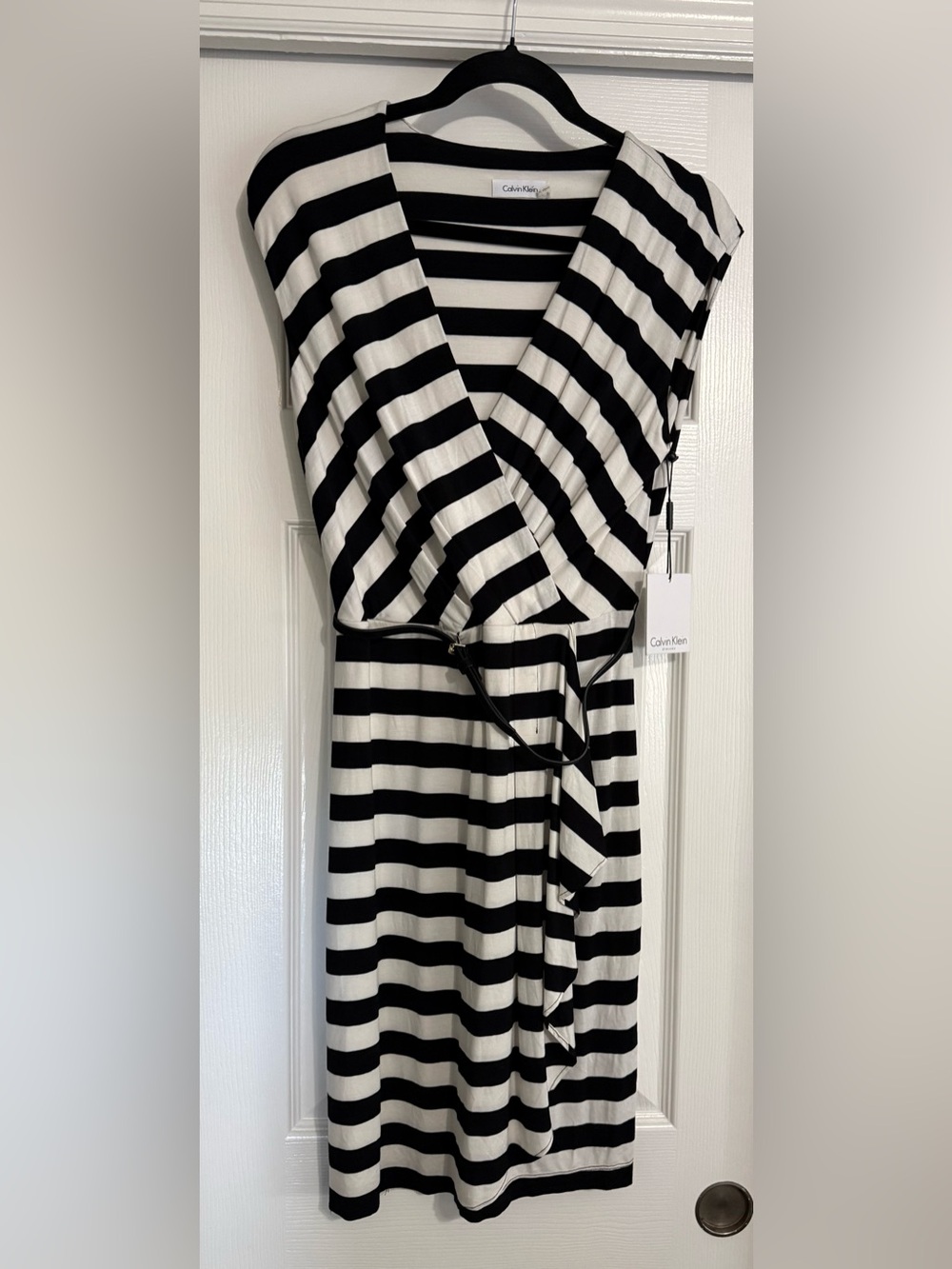 Calvin Klein Black and White Striped Midi Wrap Dress